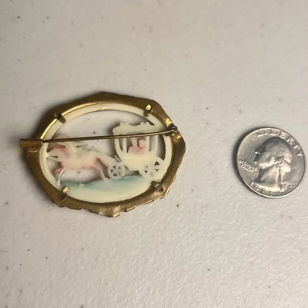 Celluloid Lovers Chariot Brass Frame Colored Carved Brooch Pin Carriage Vintage